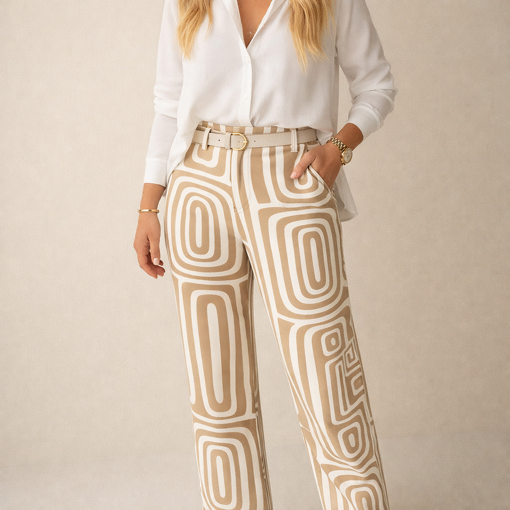 Komplet Damski Dwuczęściowy z Bluzką z Długim Rękawem i Szerokimi Spodniami | Formalny