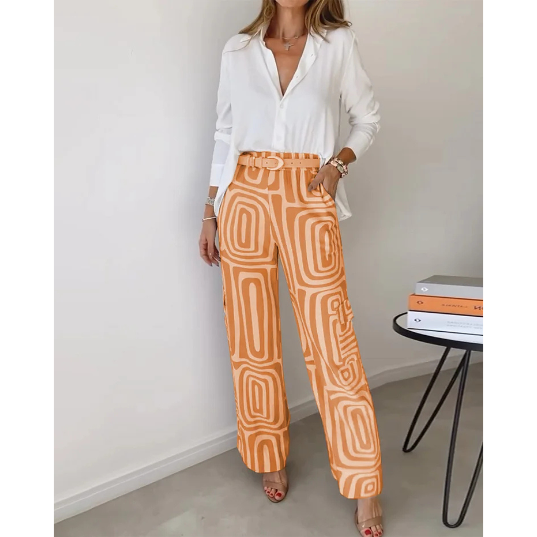 Komplet Damski Dwuczęściowy z Bluzką z Długim Rękawem i Szerokimi Spodniami | Formalny