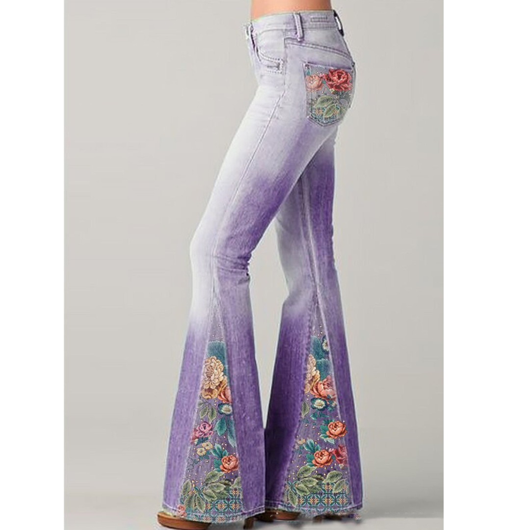 Damskie dżinsy z rozszerzanymi nogawkami i haftem kwiatowym | długie